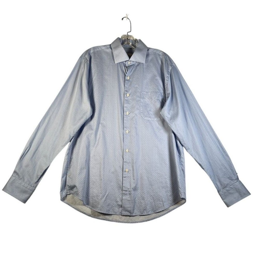 Peter Millar Mens Shirt Size L Blue Geometric Print Long Sleeve Button Up Cotton